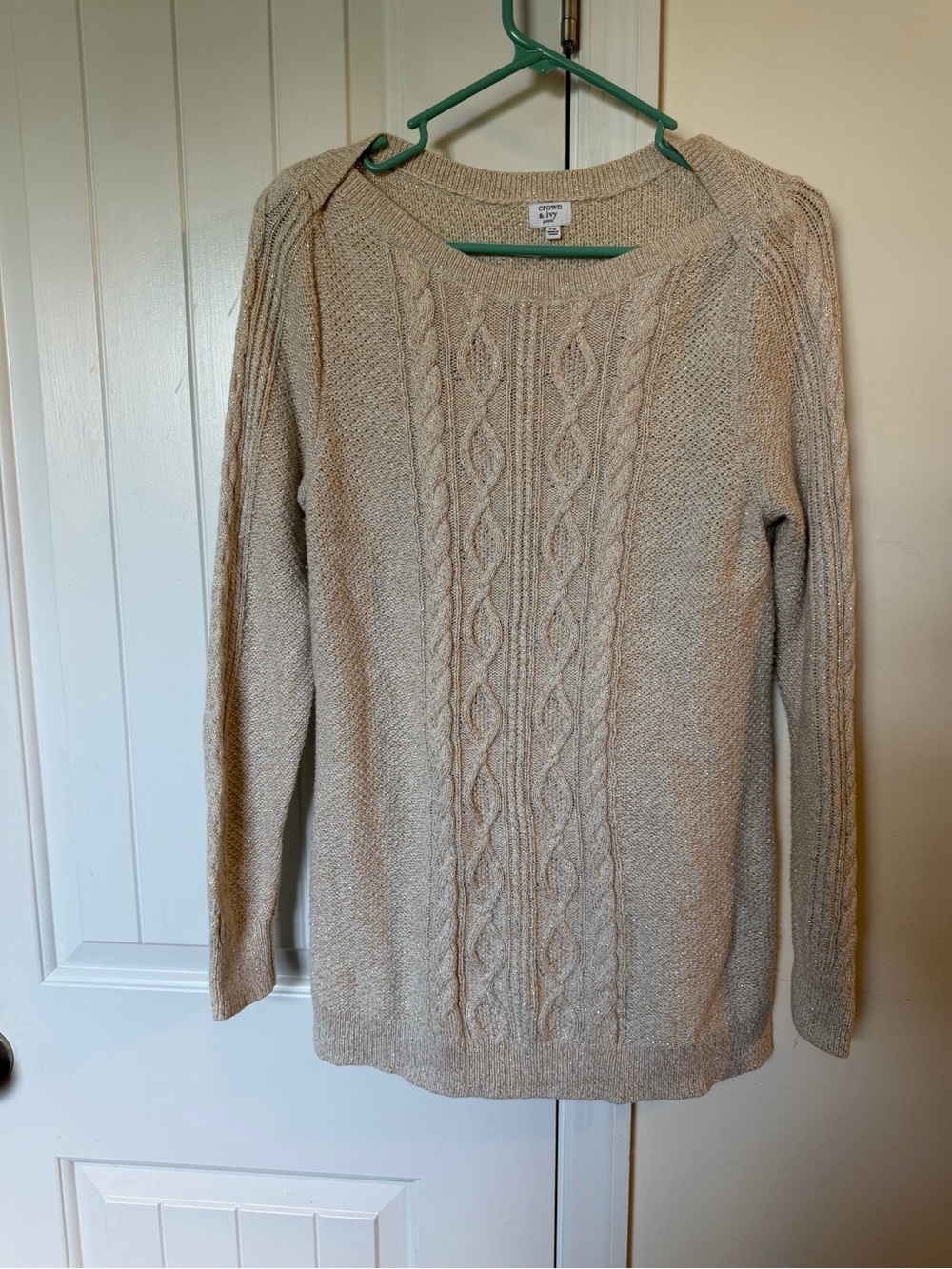 Crown & Ivy Petite Cable Knit Metallic Sweater Beige Gold Shimmer PM - Picture 3 of 11